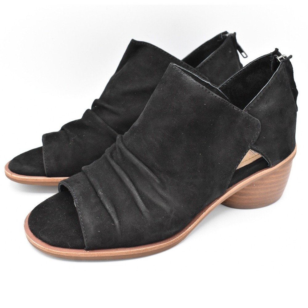 Sofft Catelyn Sandals Women 7 Black Ruched Suede Block Heel Booties Shoes